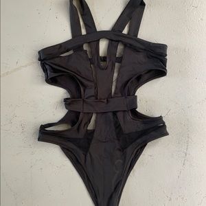 Black mesh cut out one piece swimsuit
